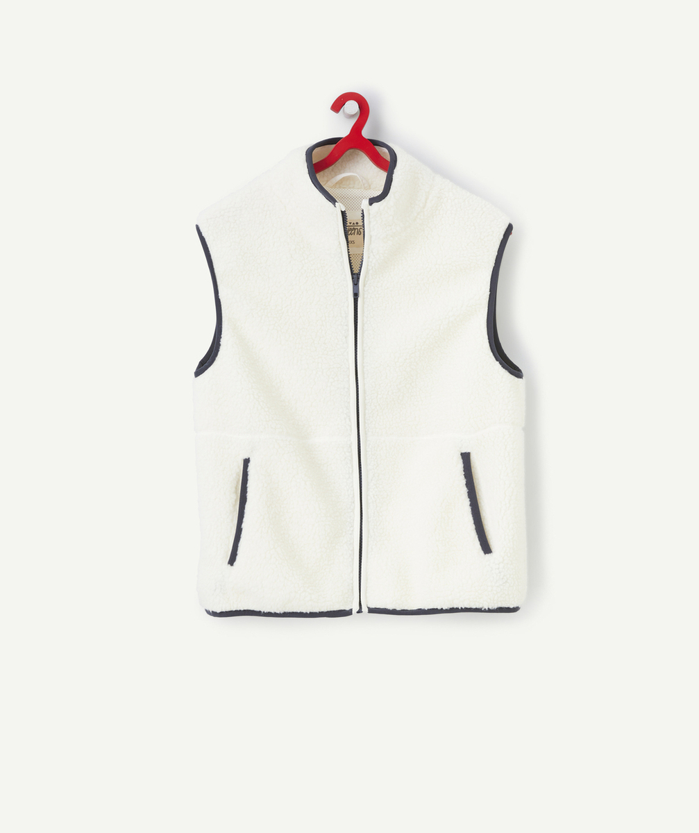 VESTE SANS MANCHES GARÇON EN SHERPA ÉCRU ET DÉTAILS BLEU FONCÉ