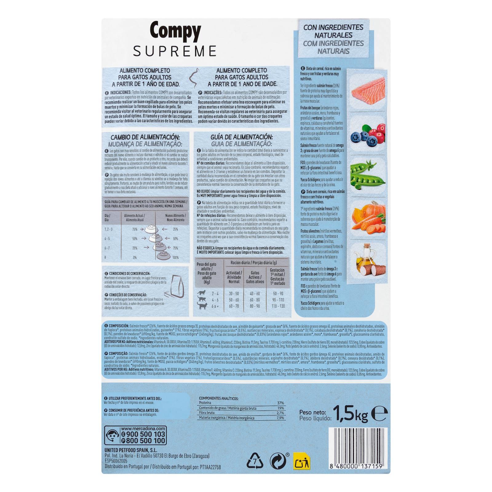 Nourriture pour chat adulte Supreme Compy au saumon, fruits et légumes