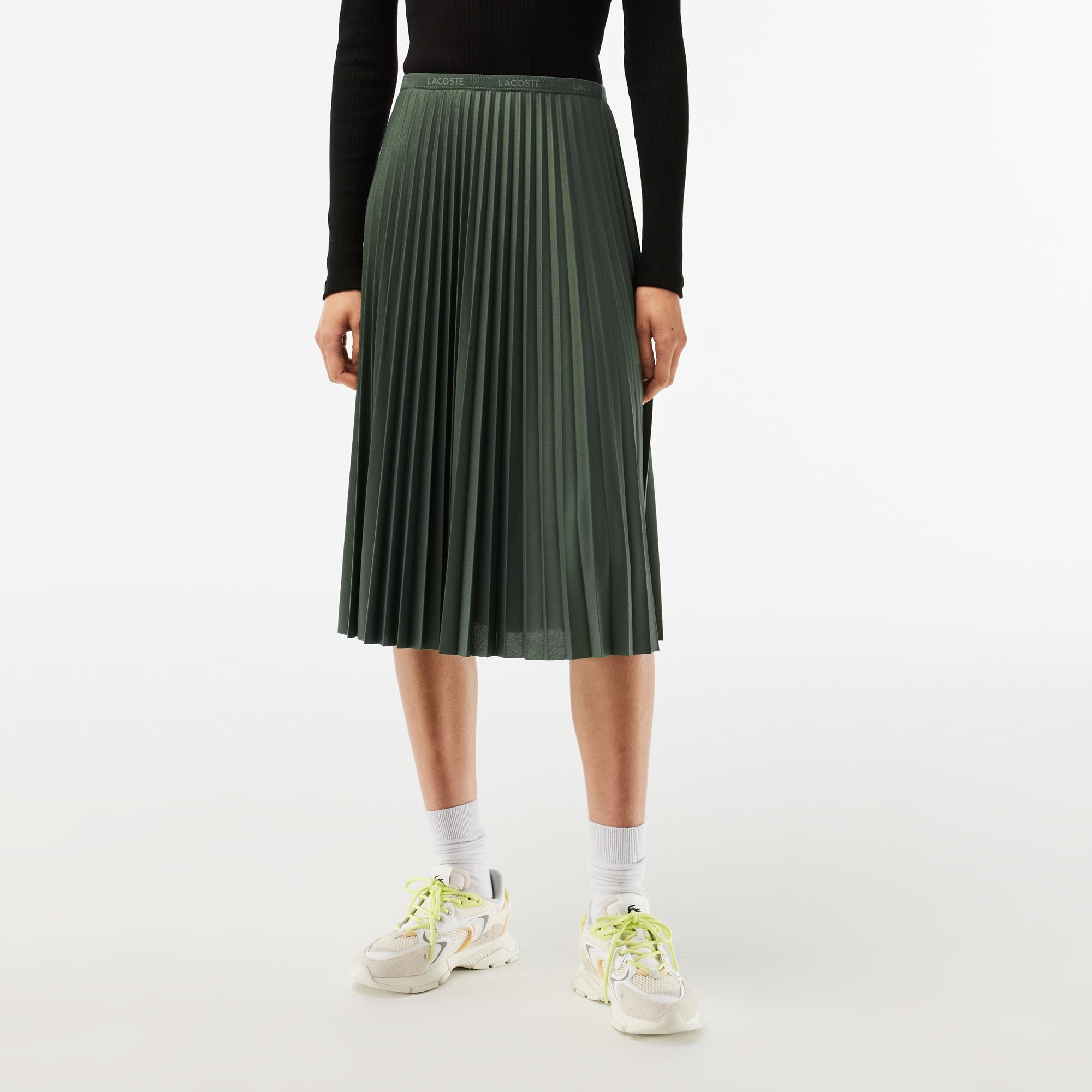 Jupe plissée unie fluide à taille élastiquée Robes & Jupes - Vert - Lacoste - Femme