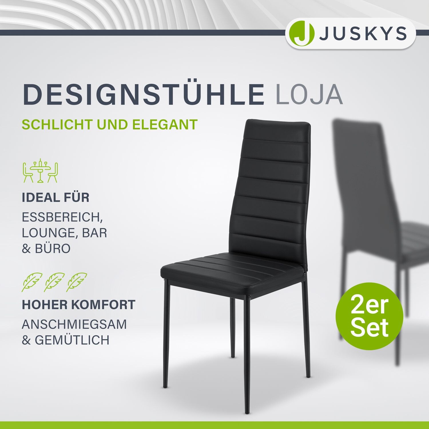 Juskys Esszimmerstühle Loja 2er Set - Moderne Stühle mit Kunstleder Bezug - Schwarz