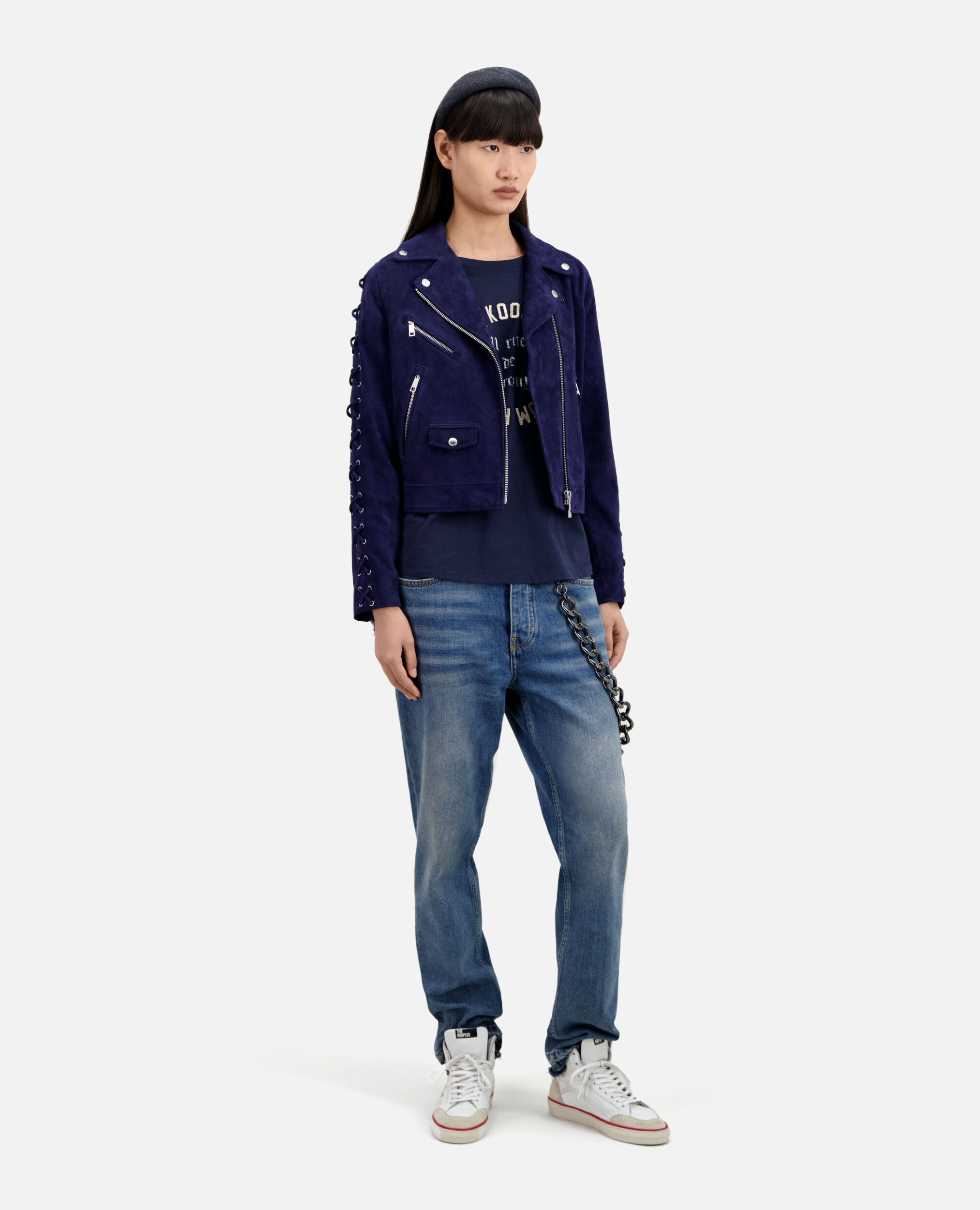 Navy blue suede leather biker jacket