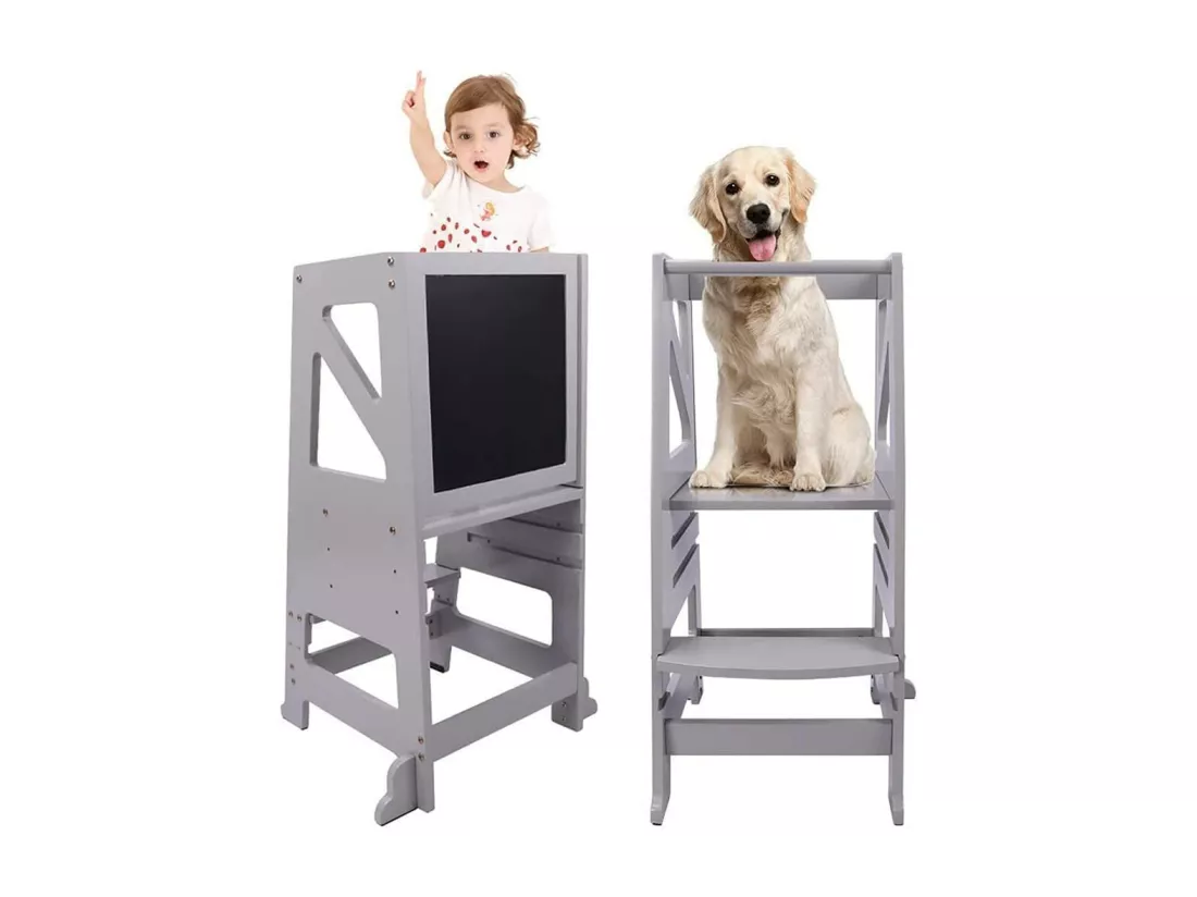 Tour d'apprentissage en Bois,Tour d'observation pour Enfants,Montessori Learning Tower,Réglable en hauteur Marchepied pour bébé avec Tableau Noir-Gris