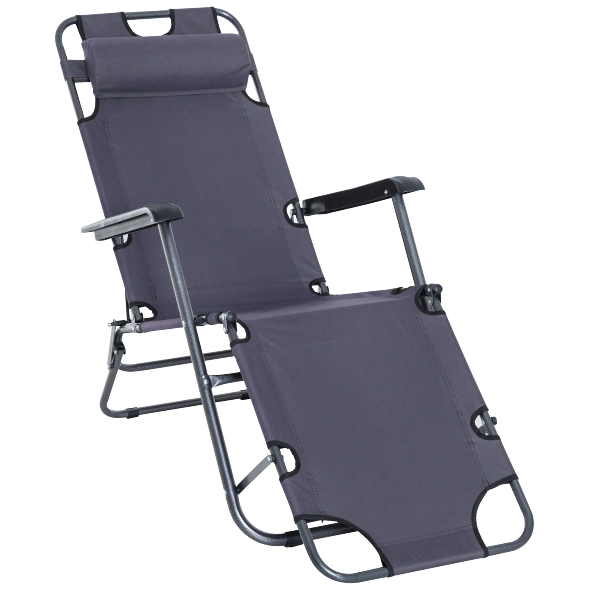Cadeira de praia reclinável e dobrável Outsunny, espreguiçadeira relaxante com encosto ajustável, apoios de braço, almofada e apoio para os pés para jardim e varanda, capacidade de carga de 136 kg, 135 x 60 x 89 cm, cinza