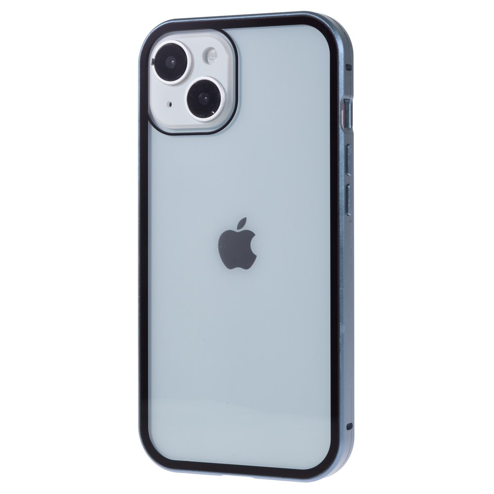 iPhone 14 Magnetische Alu Schutzhülle mit Panzer Glas Backcover   Privacy Glas Displayschutz (Magnet-Technologie) - Hellblau
