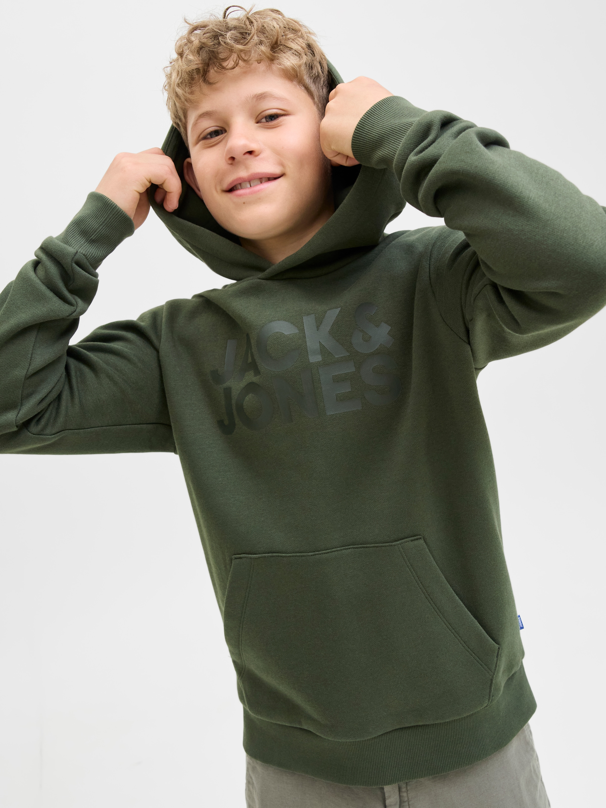 Jack & Jones Junior Kapuzensweatshirt »JJECORP mit Druck, Kängurutasche, pflegeleicht«, bedruckt, modisch, regular fit, Rundhals