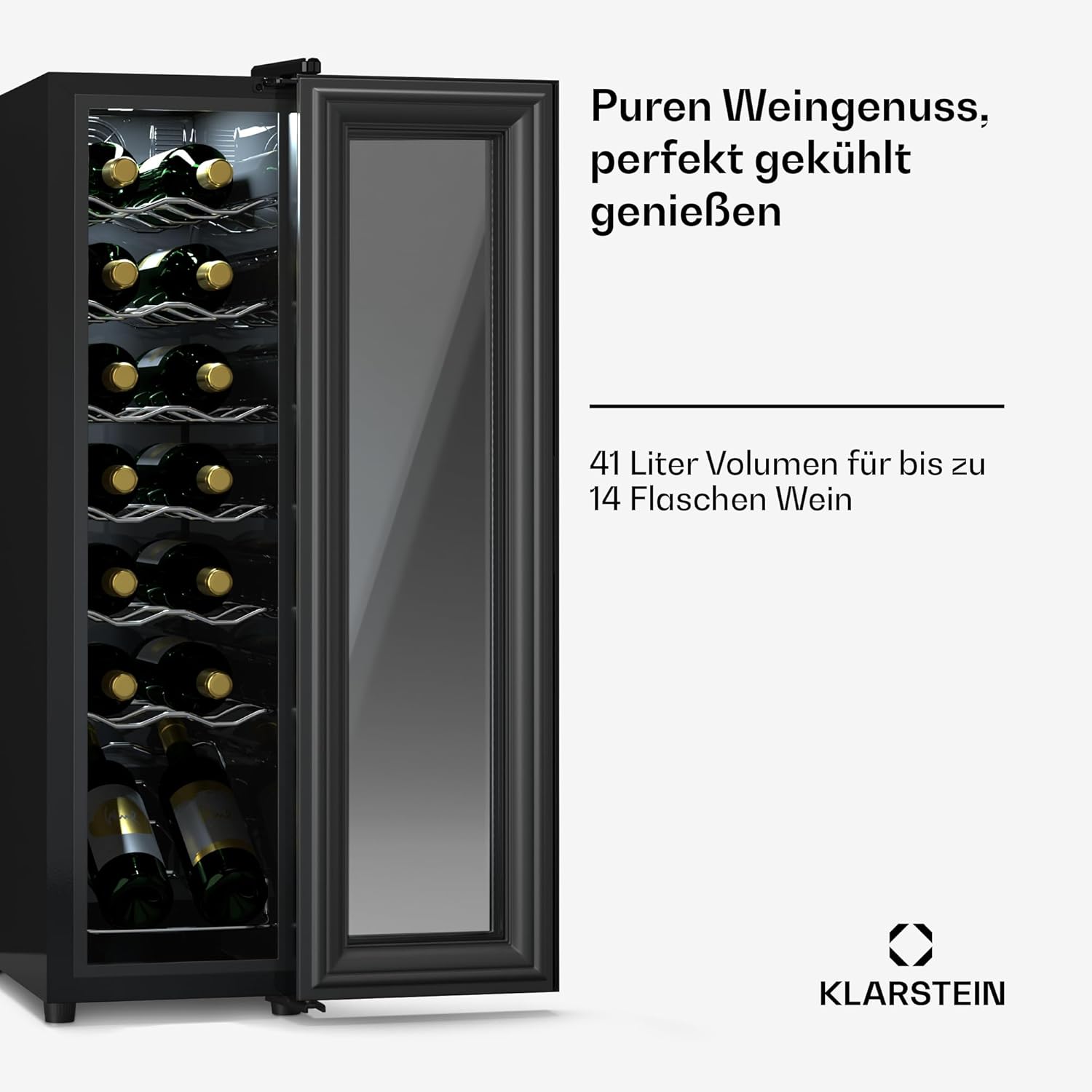 Klarstein Weinkühlschrank,1 Zone Getränkekühlschrank mit Glastür, Leiser Indoor/Outdoor Kühlschrank, 41L Flaschenkühlschrank Klein, Weinschrank für Getränke, Weinkühler für 14 Flaschen