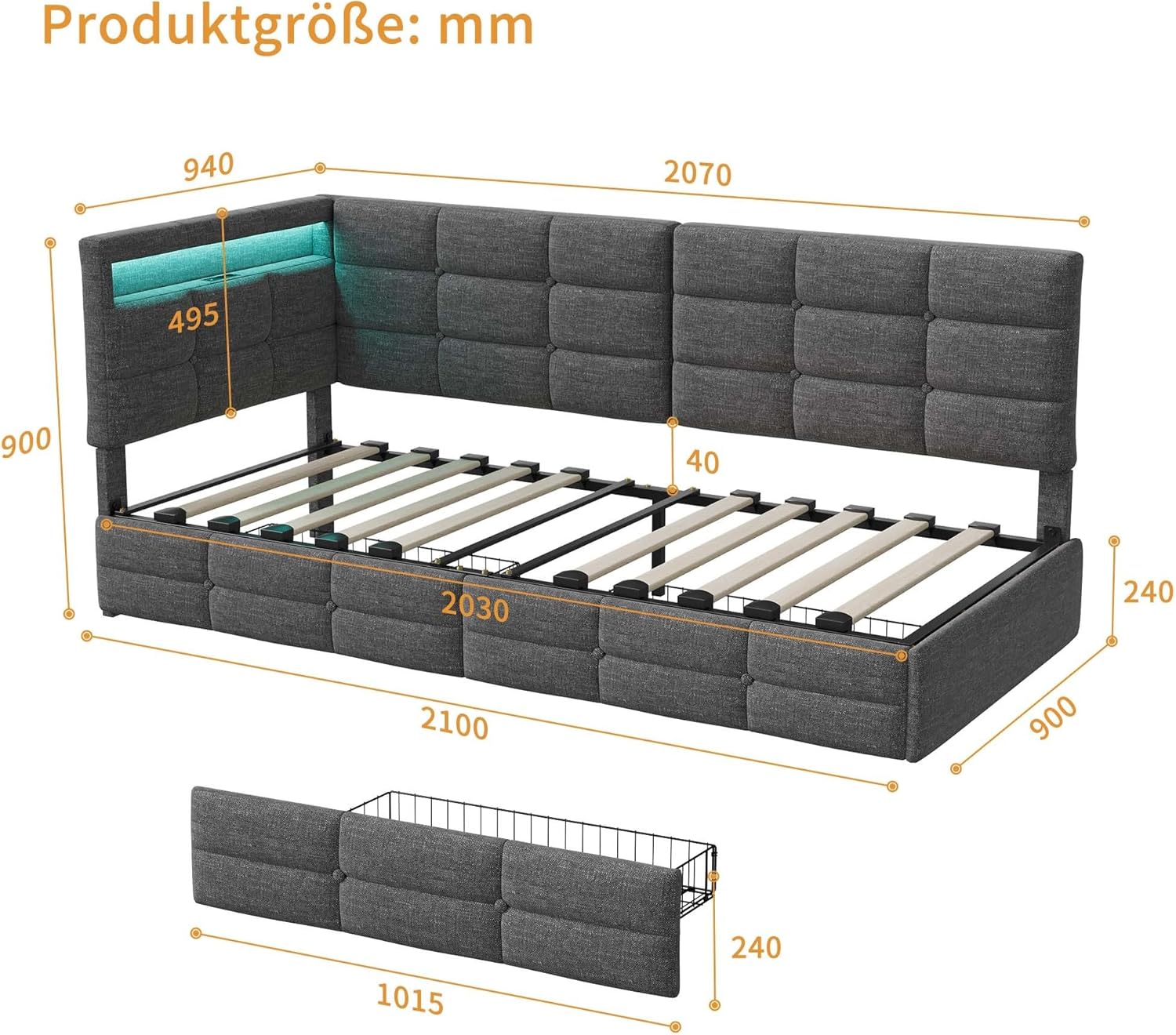 Polsterbett Schlafsofa 90x200 mit LED-Beleuchtung, Kinderbett Einzelbett mit Stauraum Schubladen und Kopfteil, Tagesbett Jugendbett Bettgestell mit Lattenrost, ohne Matratze (Graues Leinen 90cm) YB9581040