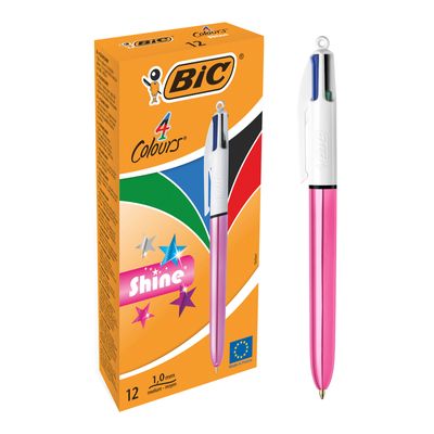 BIC 4 Couleurs Shine - 12 Stylos à bille 4 couleurs - corps rose métallisé