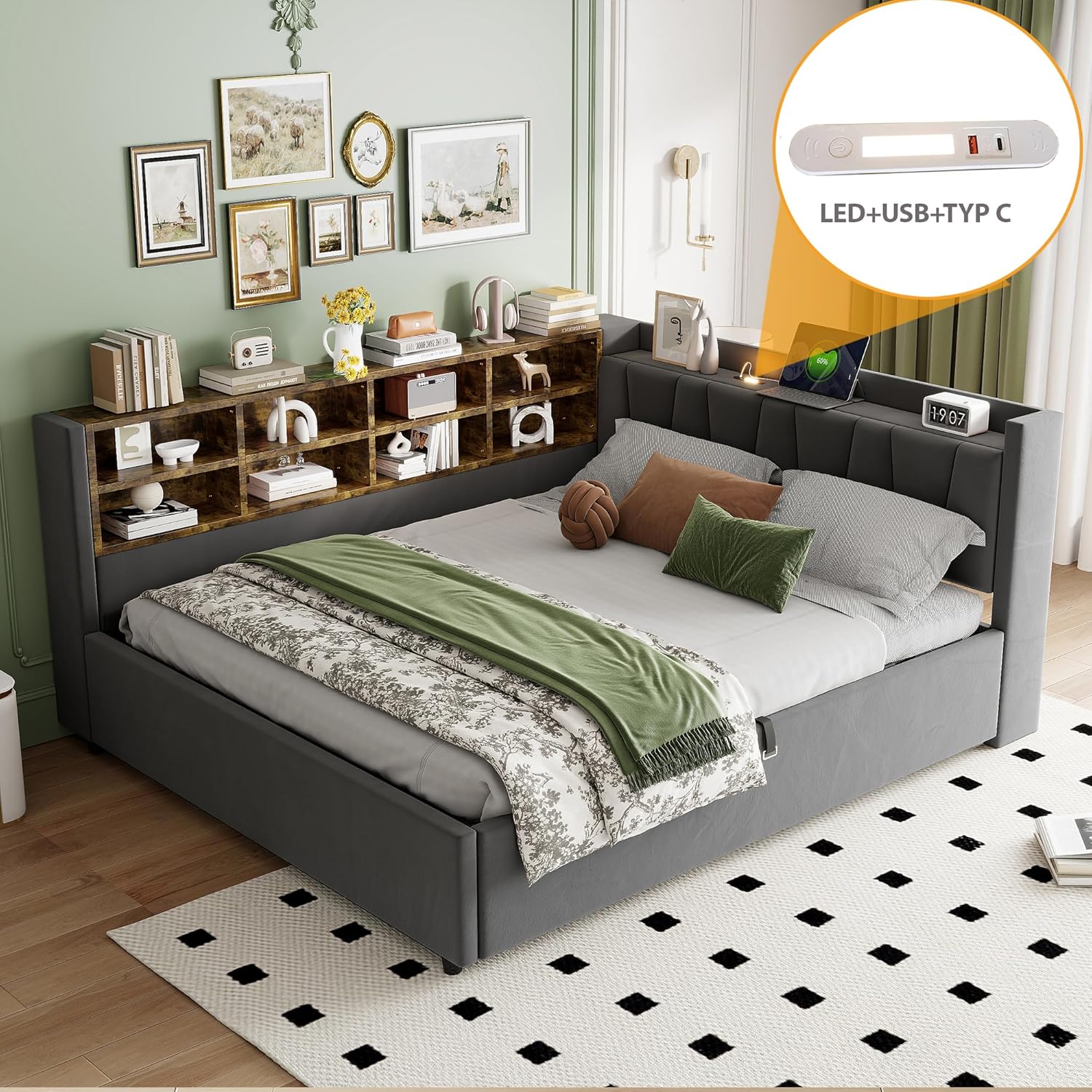 Polsterbett Schlafsofa 140x200, Doppelbett mit Staufach&Nachtlicht&Ladestation, Tagesbett mit Hydraulischem Stauraum & Lattenrost, Funktionsbett Stauraumbett Gästebett Jugendbett, Ohne Matratze, Grau