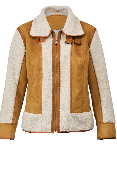 Lederoptik-Jacke, Fell-Imitat Einsätze, Hemdkragen, Langarm