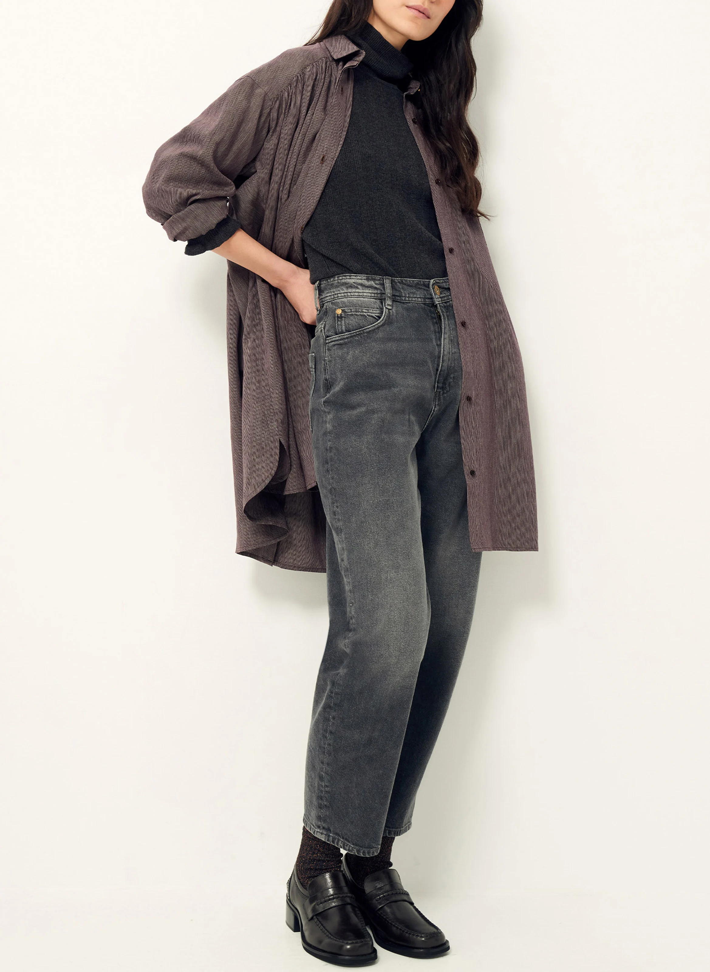 OKAYAMA - Robe chemise courte froncée rayée | Marron