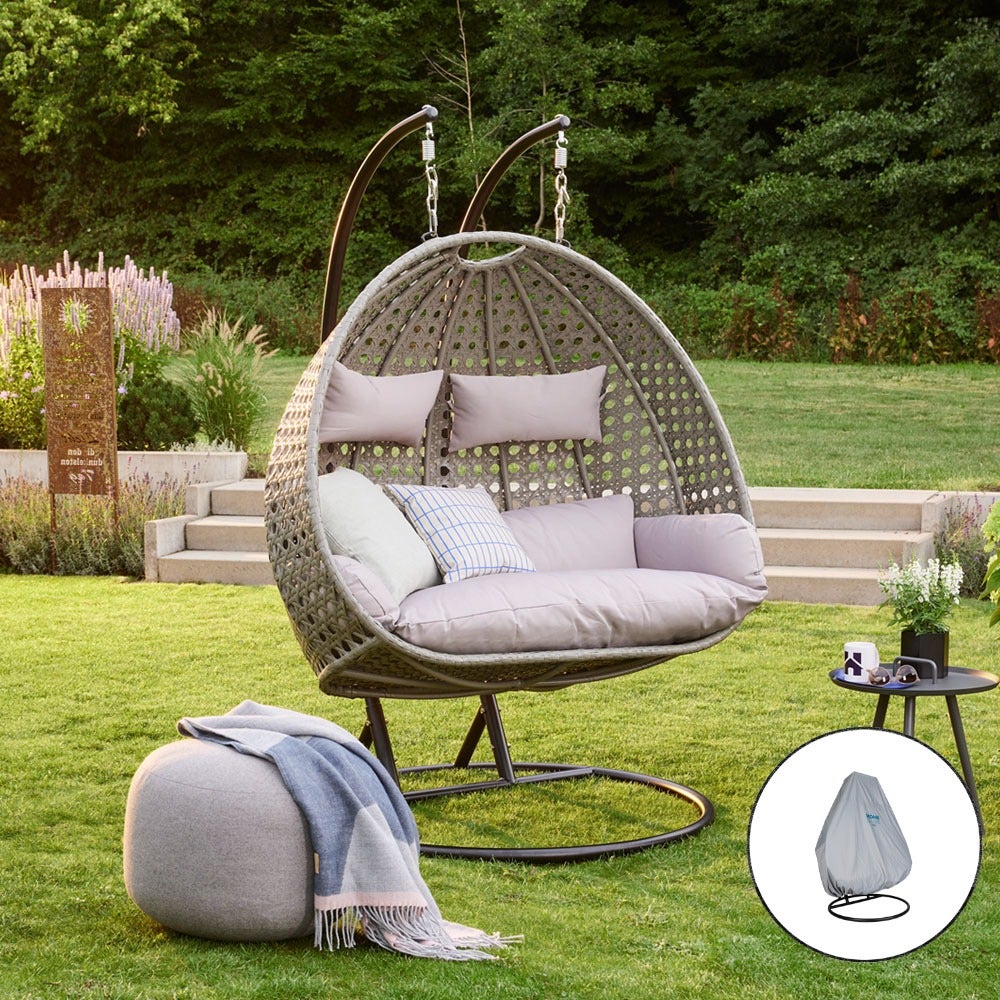Home Deluxe - TWIN Hangstoel - Grijs, Hoogte 195 cm - incl. regenhoes, frame, zit- en rugkussens | Polyrattan hangstoel, tuinschommel, hangmand