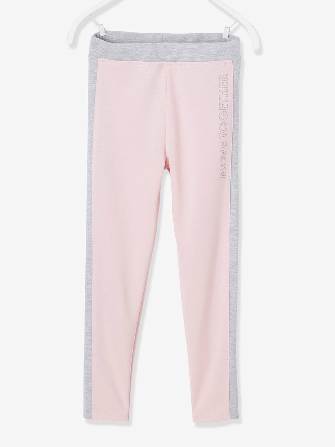 Leggings esportivas lisas rosa claro para meninas com listras laterais.