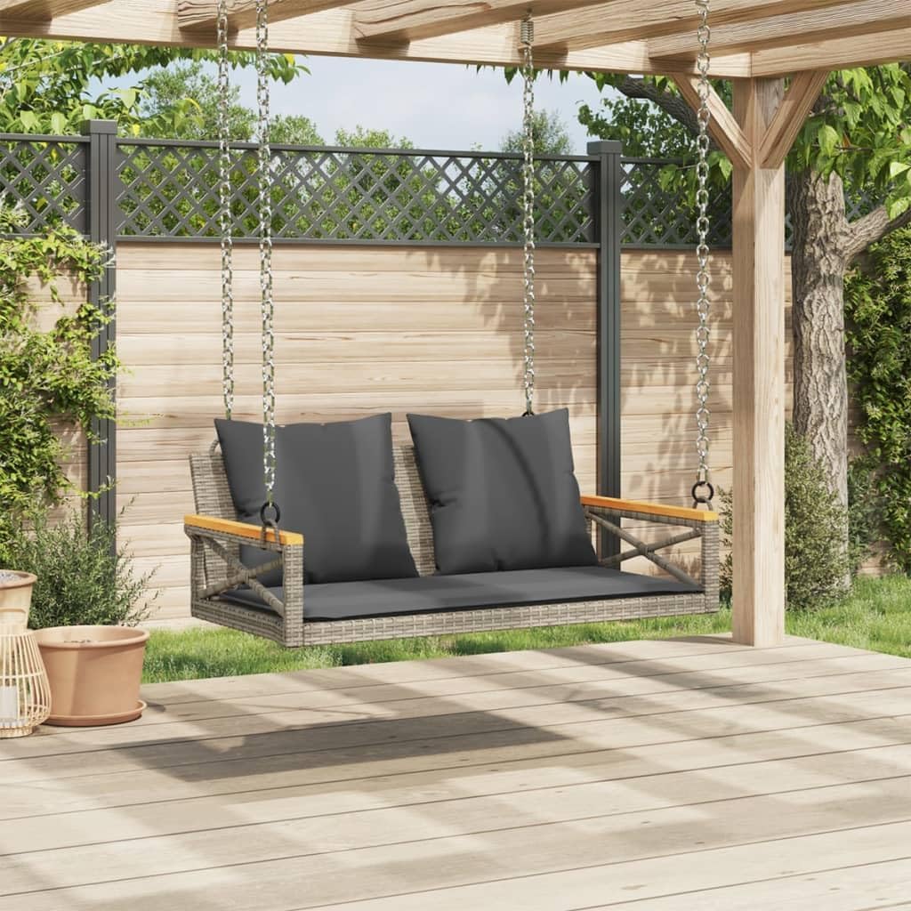 Hollywoodschaukel, Hängebank mit Kissen, Grau, 109x62x40 cm, Poly Rattan, Gartenmöbel für Terrasse, Schaukelbank