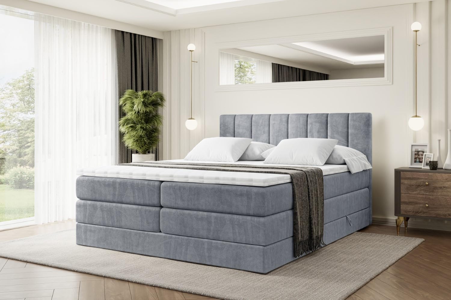 ALTDECOR Boxspringbett mit Matratze und Lattenrost, Topper, Polsterbett mit Bettkasten, Bett mit Stauraum H3- und H4- Matratze, Doppelbett, Springboxbett - OTTA King - 200x200 - Grau Samt