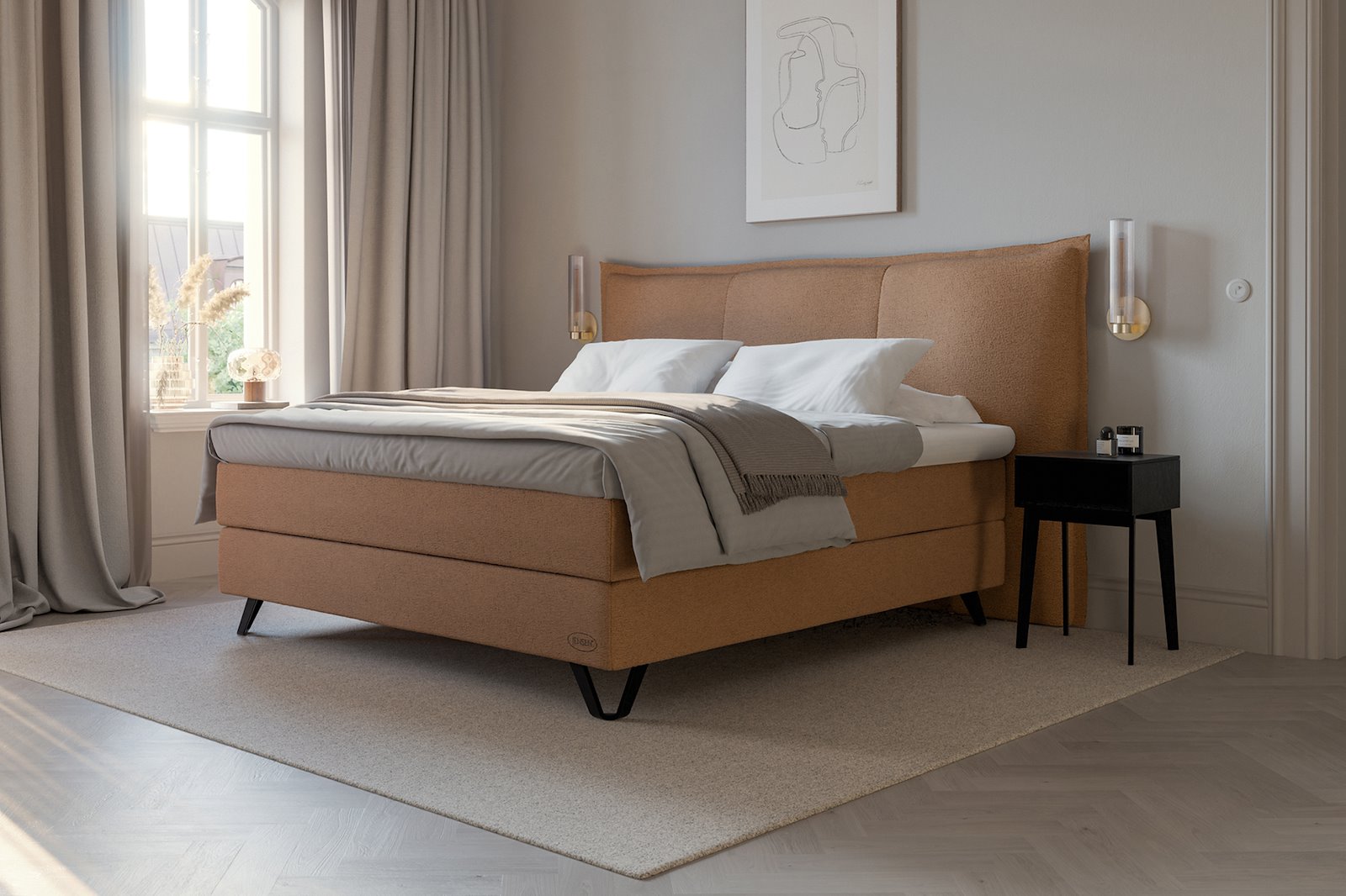 Carat Exact kontinentalseng180x210 cm Tekstil 191 toffie, fast/ekstra fast, Exact, seamless, Optima overmadrass og Triangel matt sort 14 cm ben + støtteben, gavl selges separate