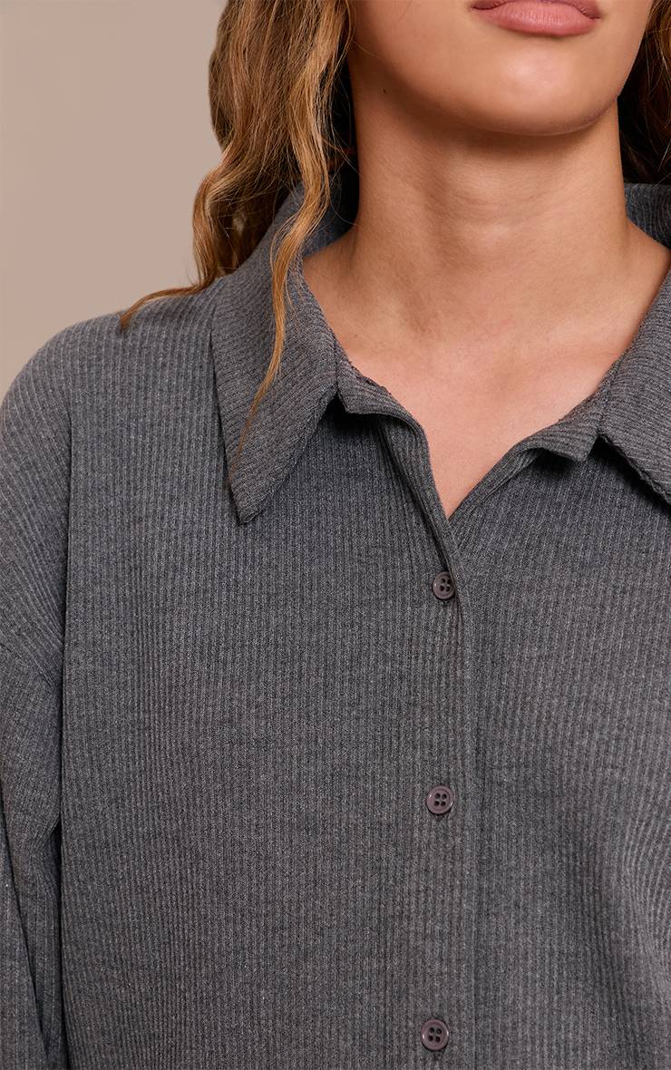 Charcoal Grey Chemise Côtelée Épaisse À Manches Longues Et Col