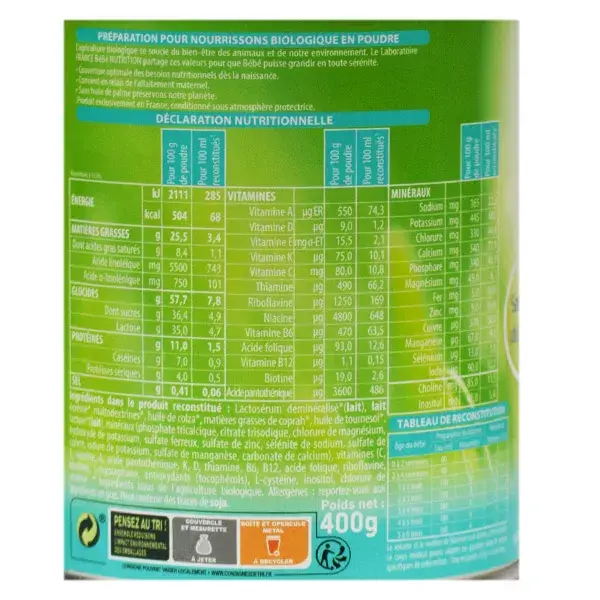 France Bébé Nutrition Leite Infantil Orgânico Etapa 1 400g
