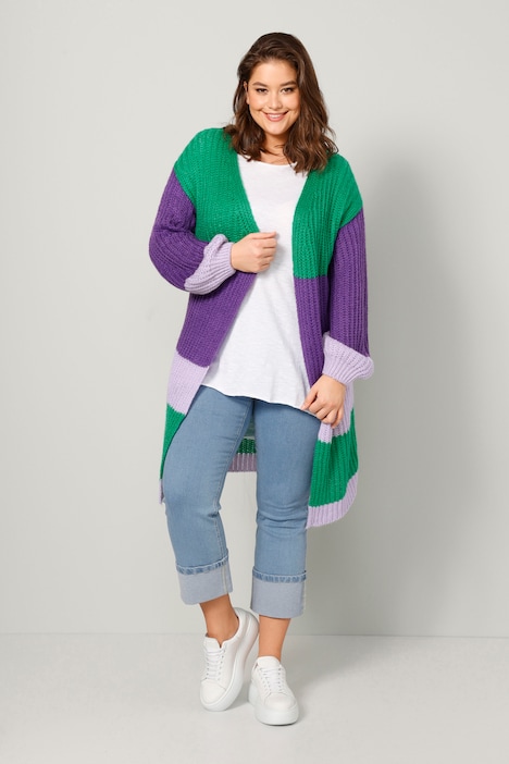 Long-Strickjacke, oversized, Blockstreifen, offene Form, Langarm