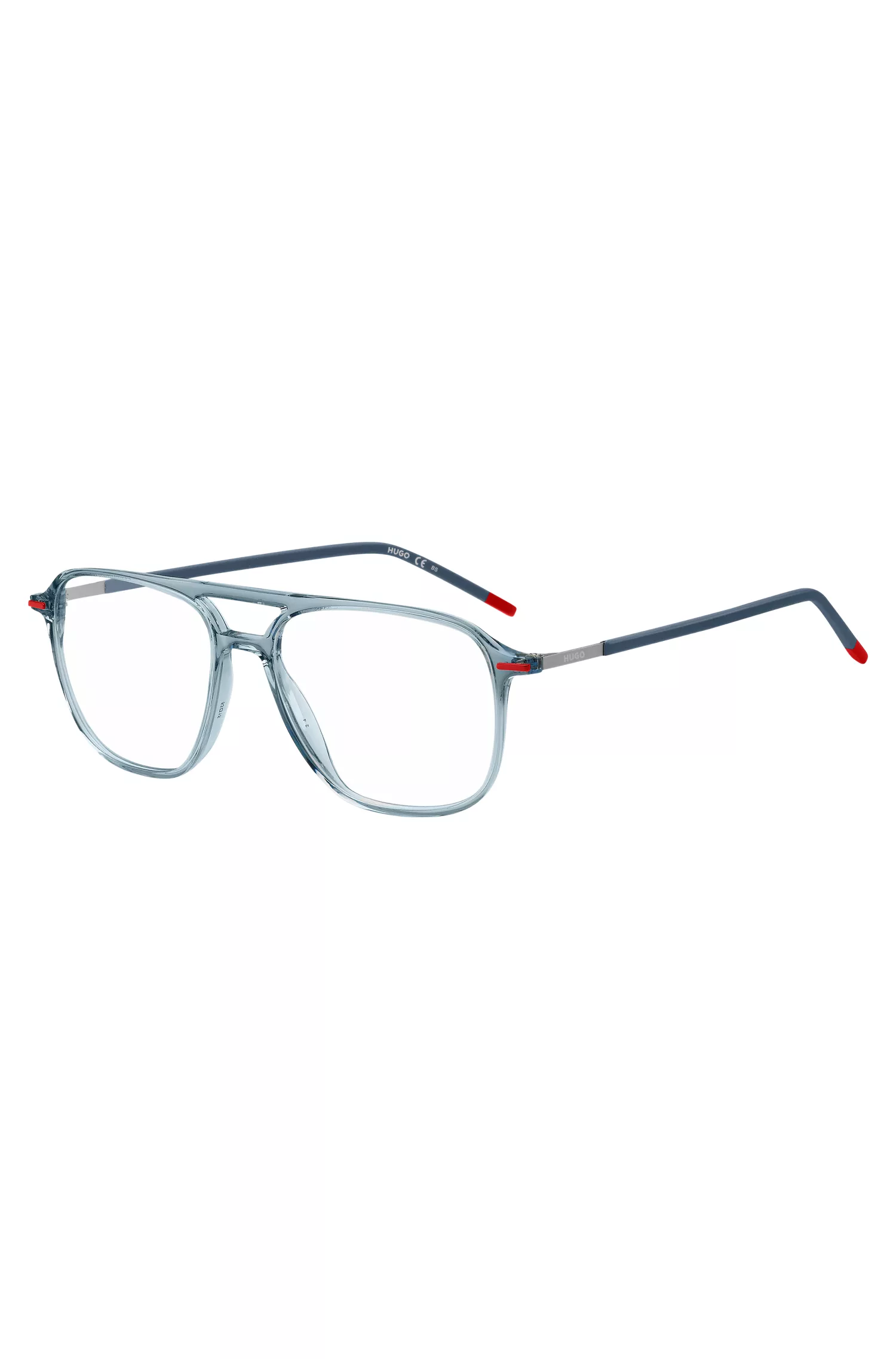 Armação de óculos HUGO em acetato vermelho e azul com ponte dupla.