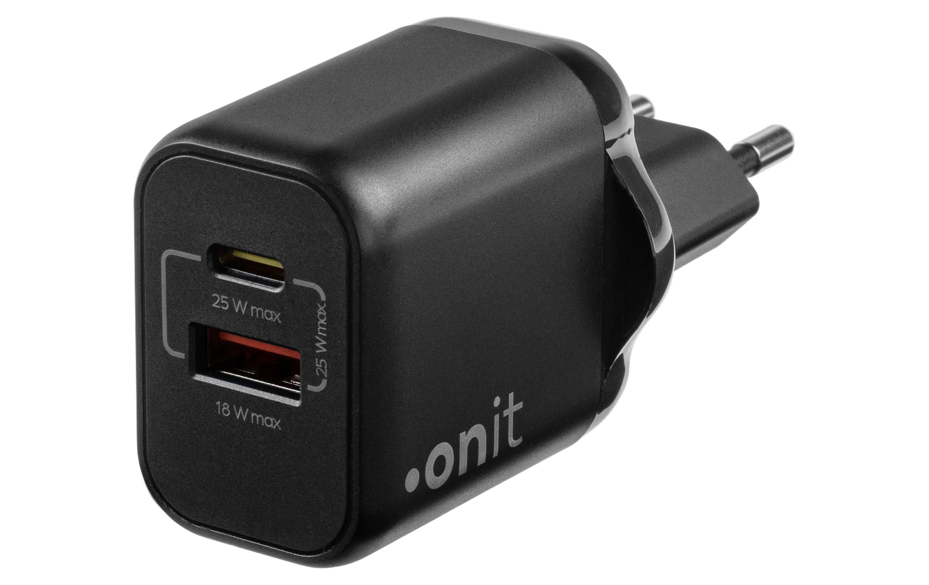 USB-Wandladegerät Dual 1C1A 25 W GaN SchwarzLadeadapter mit einem USB-C- und einem USB-A-Port