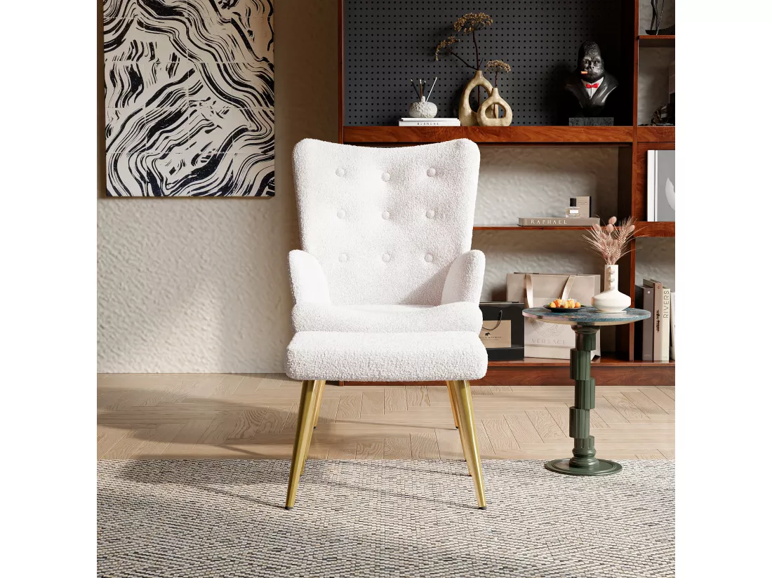 Ensemble 2 pièces, ensemble de chaises sherpa avec tabouret, design élégant, blanc