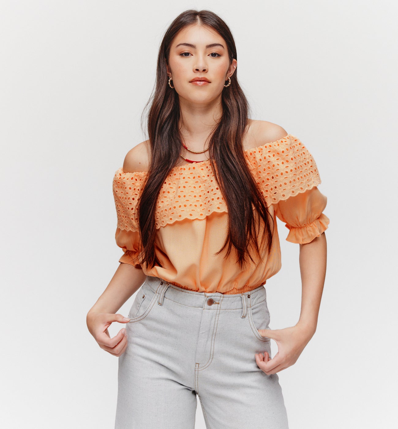 Blouse à encolure Bardot - Saumon clair