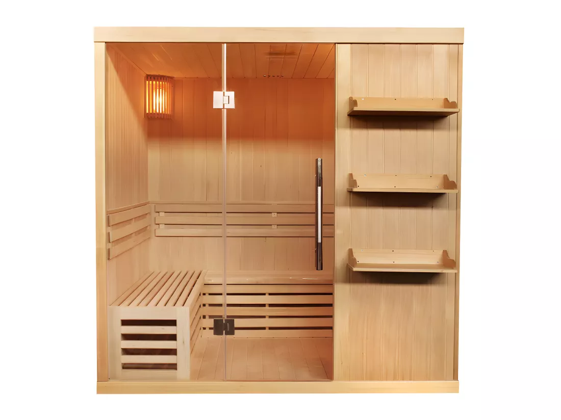 Sauna traditionnel Finlandais 4/5 places FABORG vitré avec étagères - 200x180x200