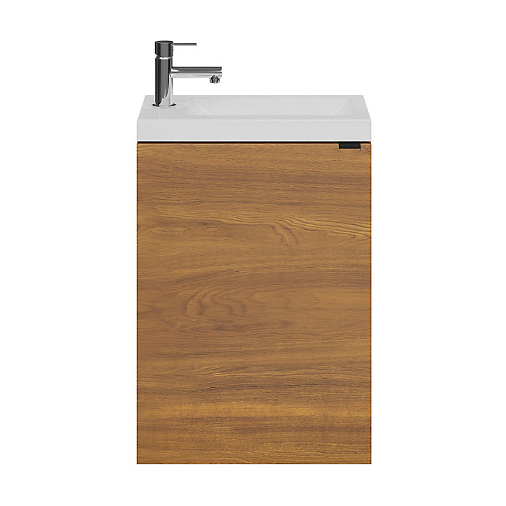 Ensemble lave-mains l.45 cm meuble à suspendre Imandra décor noyer + plan vasque résine blanc