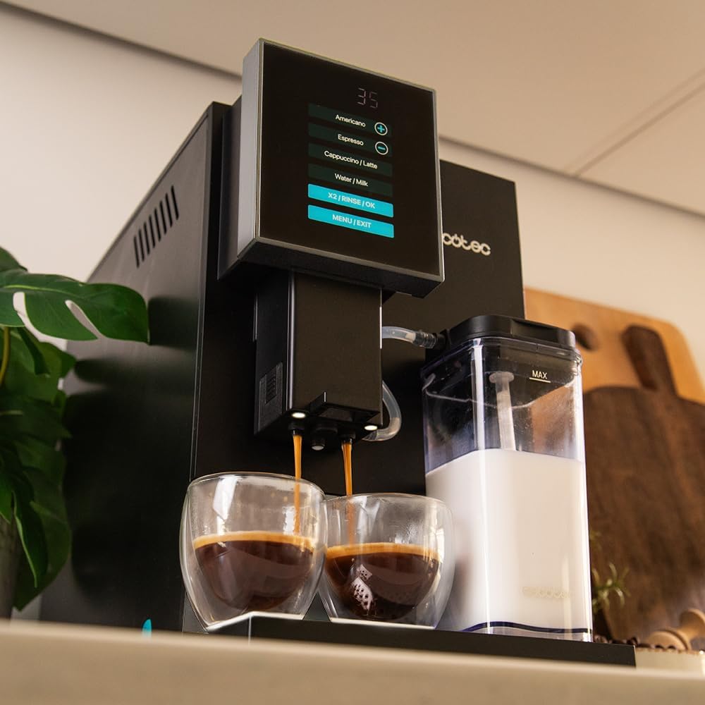 Cecotec Machine à Café Superautomatique Cremmaet Compactccino Black Silver, 19 bars, Réservoir à lait, Système Thermoblock, 5 niveaux de mouture, Réservoir à café 150g