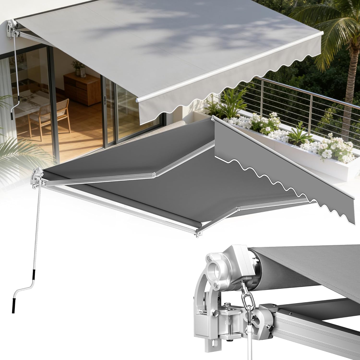 400x300cm Gelenkarmmarkise Markise aus Alu und Polyester Sonnenmarkise Balkonmarkise Sonnenschutz Wasserdicht Sichtschutz Sonnensegel Anti-UV mit Handkurbel für Terrasse Balkon Hellgrau