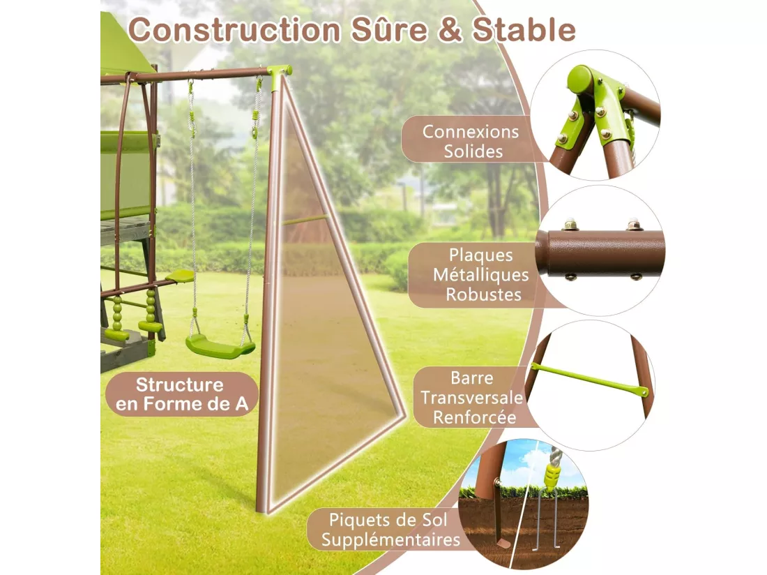 7 en 1 Aire de Jeux Portique en Bois avec Toboggan & Balançoire Réglable, Tour d'escalade avec Cabane Couverte & Échelle & Bac à Sable, Cadre en Métal pour Jardin pour Enfant de 3-12 Ans
