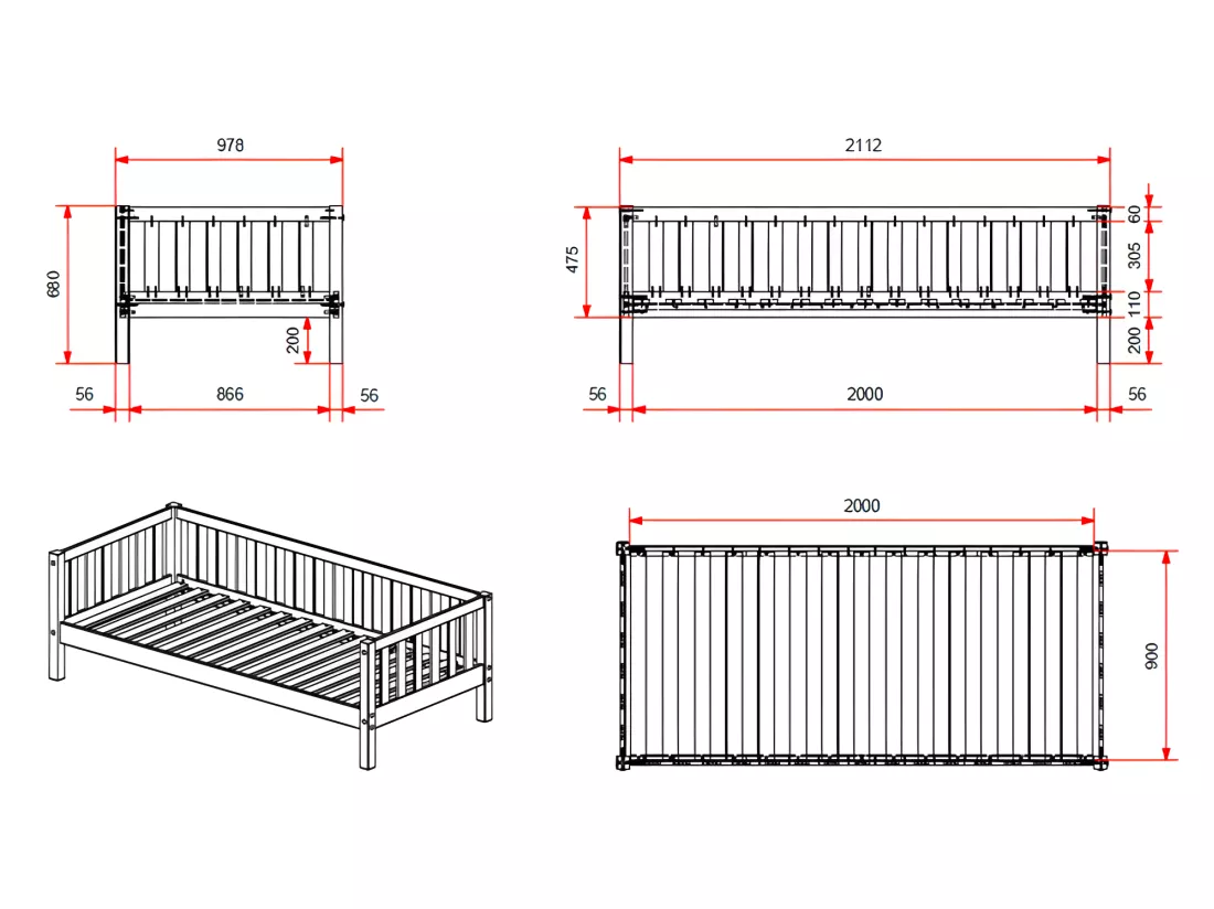Lit banquette 90x200 sommier inclus Fritz - Blanc