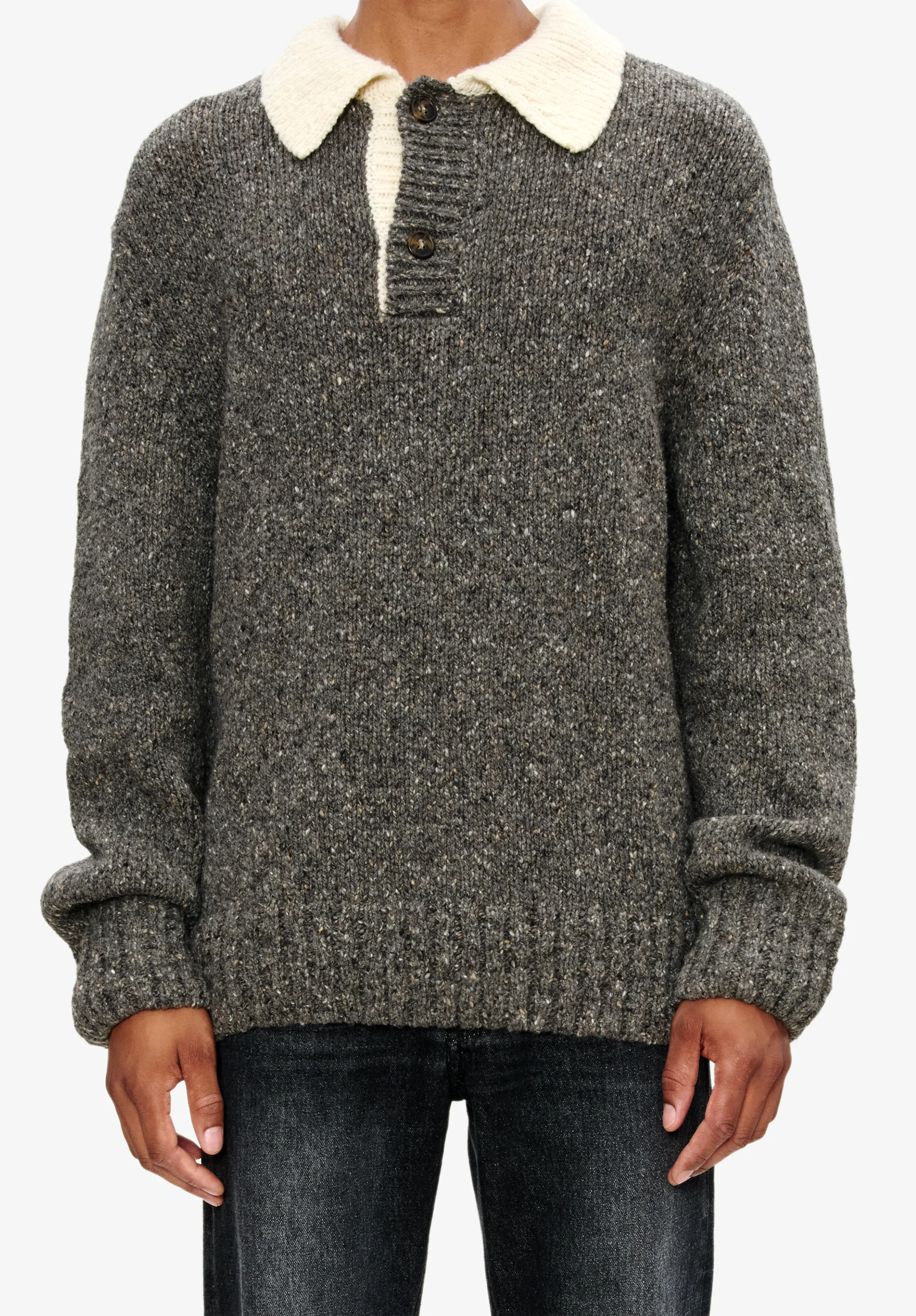 Pull col polo contrasté - Gris chine