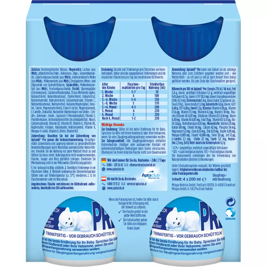 Aptamil Anfangsmilch Pronutra Advance Pre 4 x 200ml trinkfertig ab der Geburt