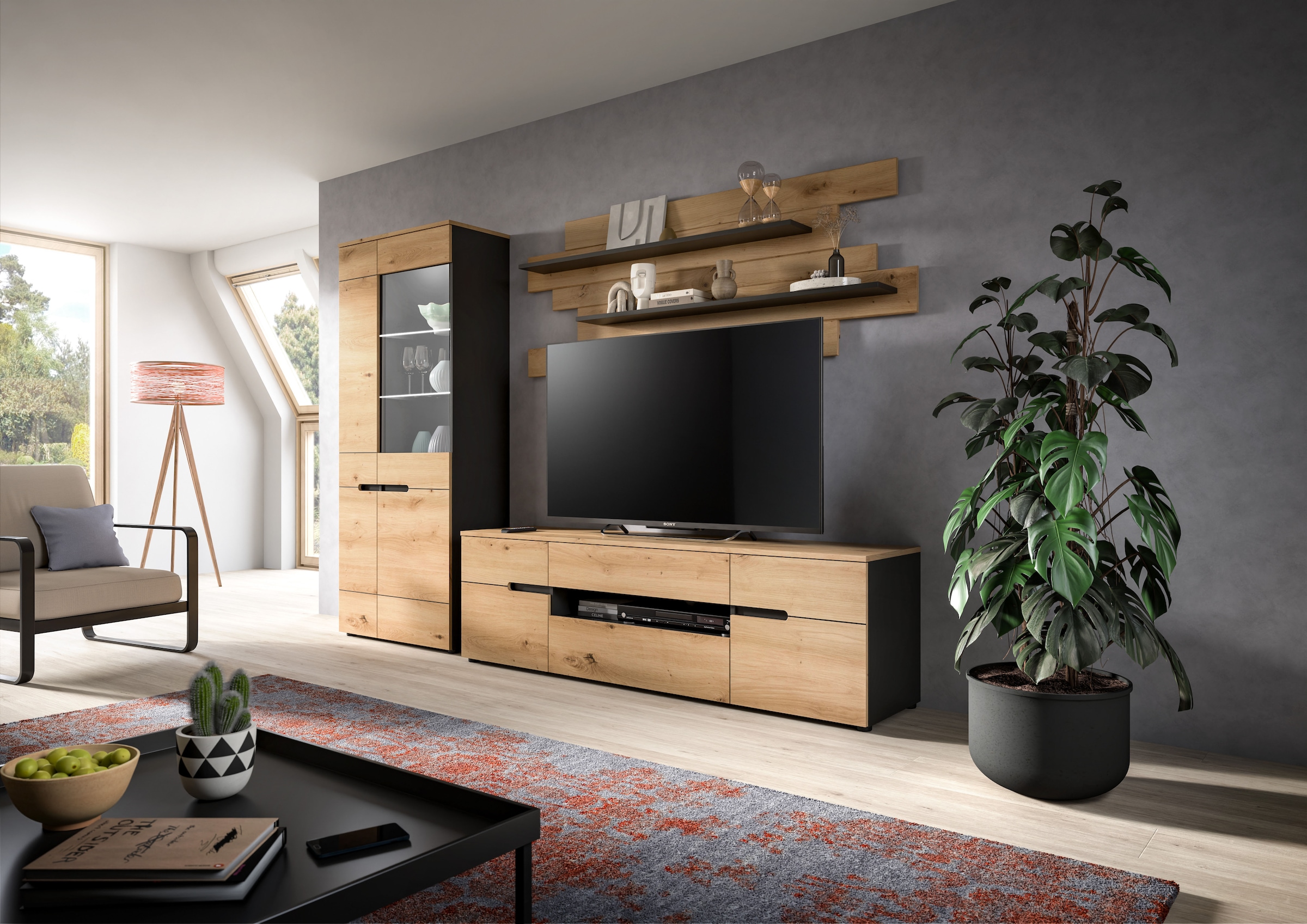 INOSIGN Wohnwand »REHAT, TOPSELLER!, 3-teilig, Breite 280 cm, inklusive Beleuchtung« Set inkl. Beleuchtung, bestehend aus: Vitrine, Lowboard und Wandboard, 5 Stk. tlg.