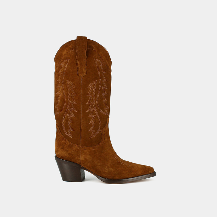 Bottes à talons et bouts pointus  en croute cognac