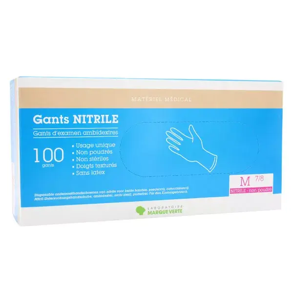 Luvas de exame Marque Verte Pro ambidestras de nitrilo sem pó, tamanho M, pacote com 100 unidades.