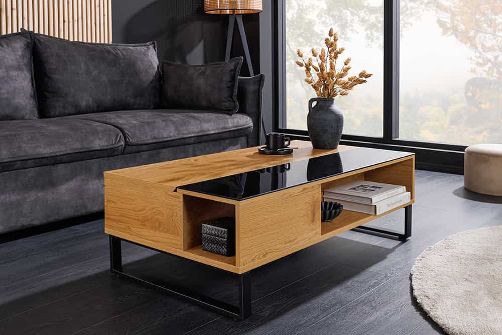 Höhenverstellbarer Couchtisch APARTMENT 110cm natur Eiche schwarz Metall Stauraum