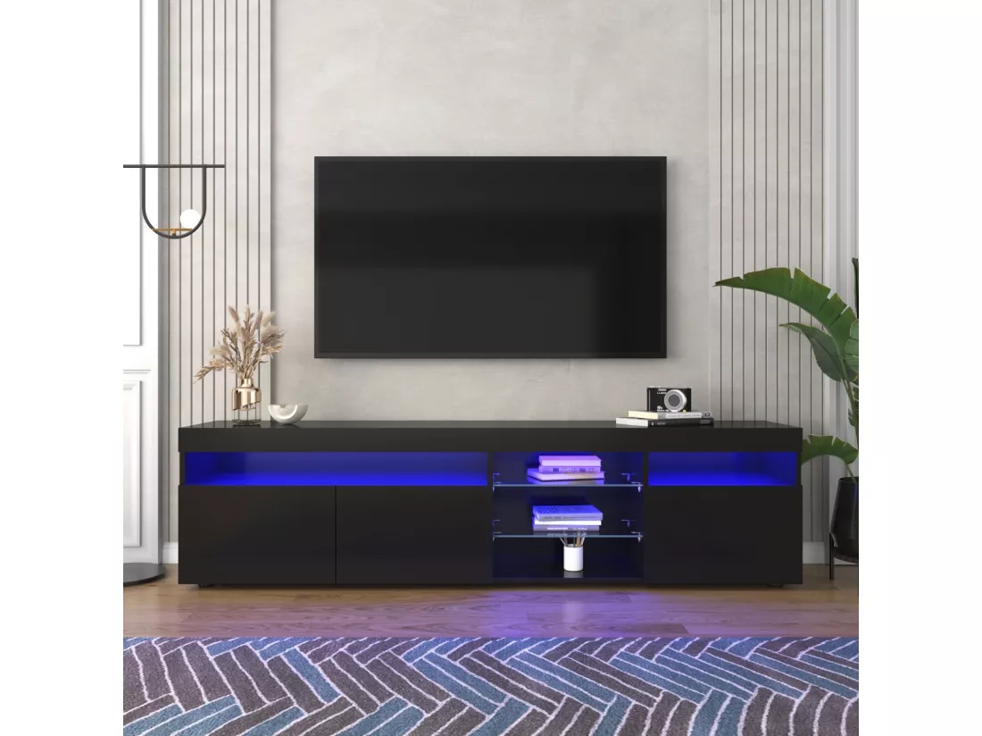 Meuble TV en MDF, avec LED 4 Modes 16 couleurs, 3 portes et 5 niche, Noir, 180x35x45cm
