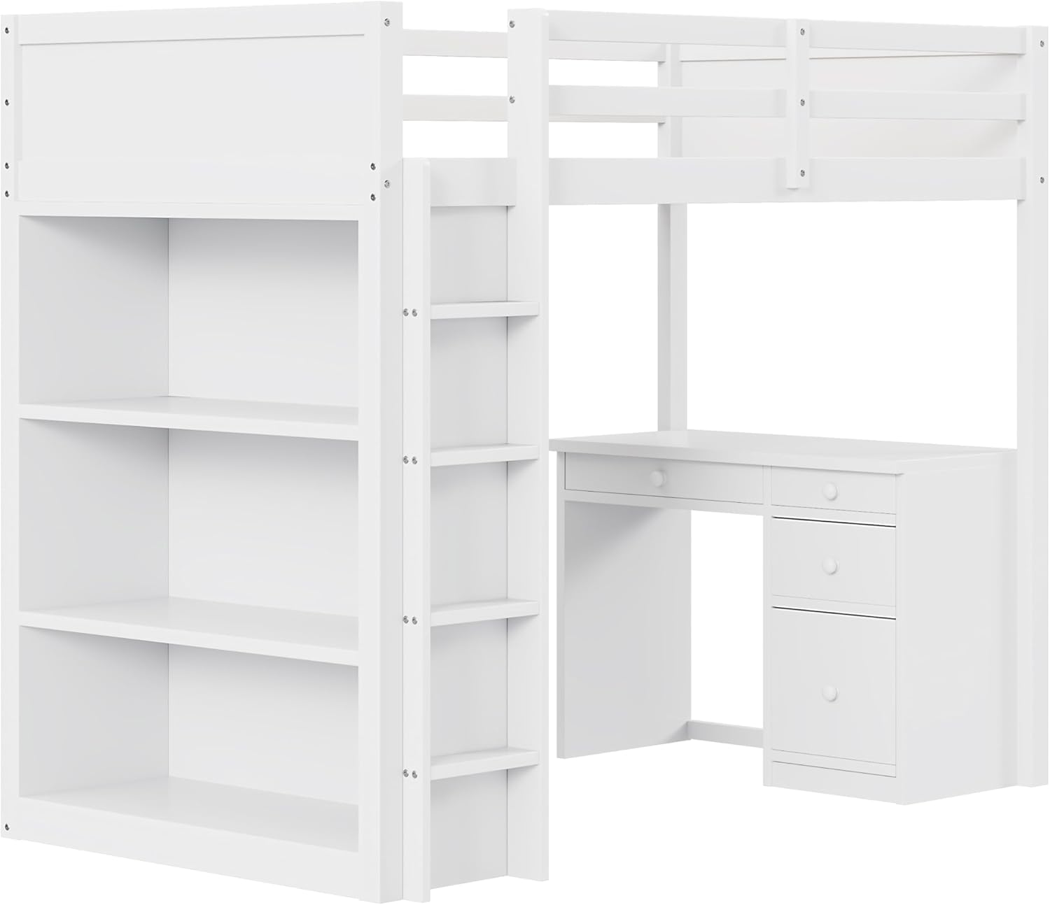 Kinderbett 90x200 cm, Hochbett mit Schreibtisch und Schrank, Tisch mit 4 Stauschublade, Etagenbett, Bettgestell mit Lattenrost, Weiß, ohne Matratze