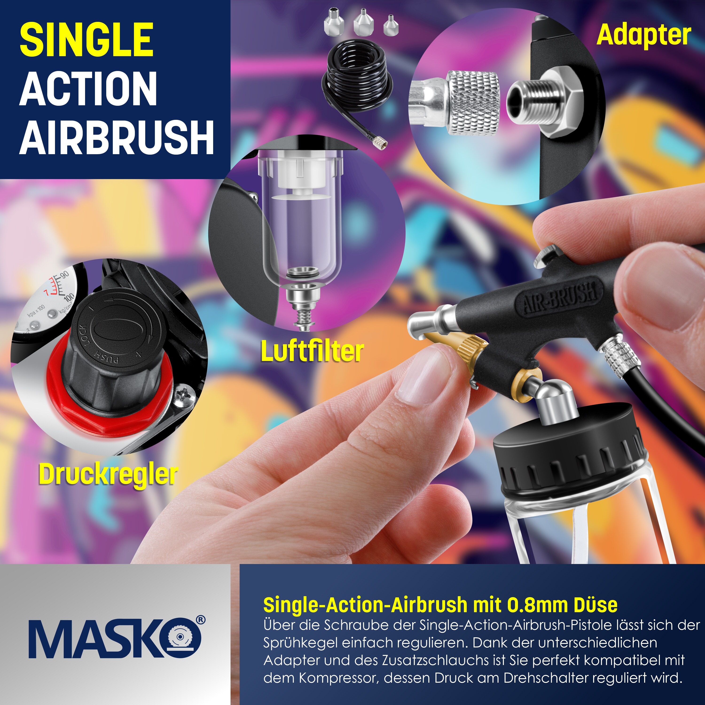 MASKO® Airbrush-Set mit Kompressor 4 bar inkl. Airbrush-Pistolen | Lackierpistole Komplett-Set Tattoo Kunst Malerei | Nadeln & Düsen im Zubehör | Multifunktions Dual-Set mit Manomter & Luftfilter