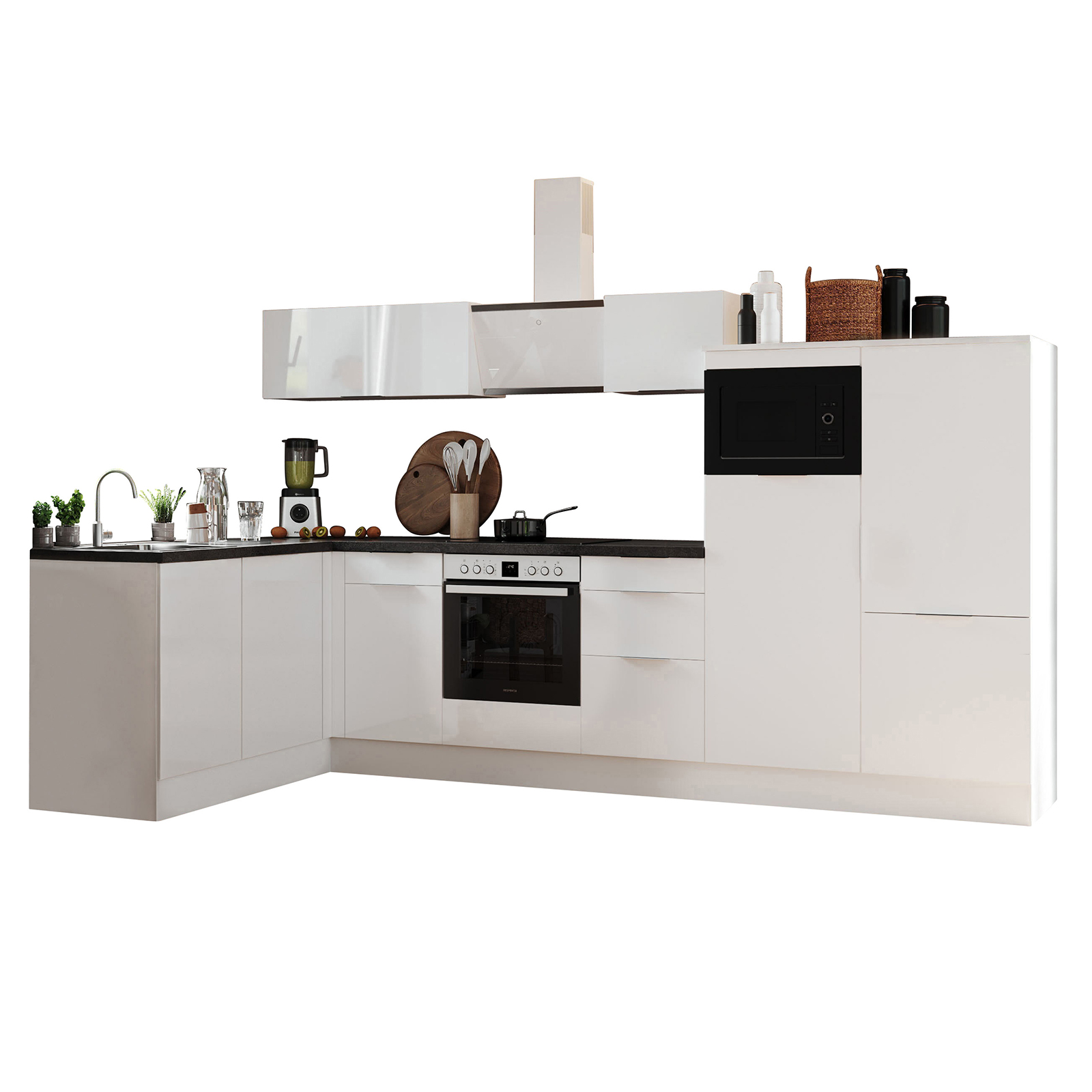 RESPEKTA Winkelküche - weiß Hochglanz - weiß matt - mit E-Geräten - 340x175 cm