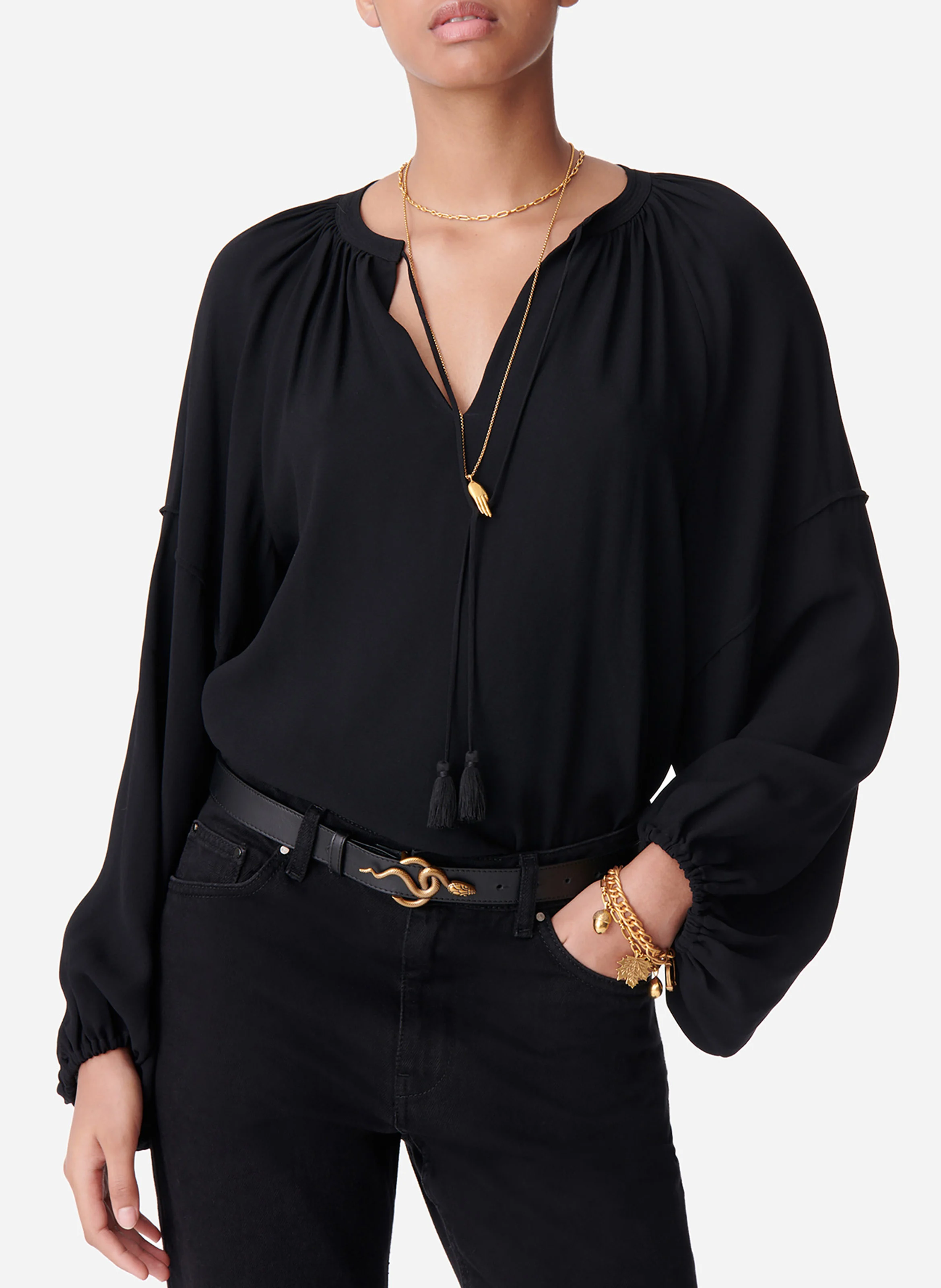 DYLAN - Blouse ample à pompons | Noir