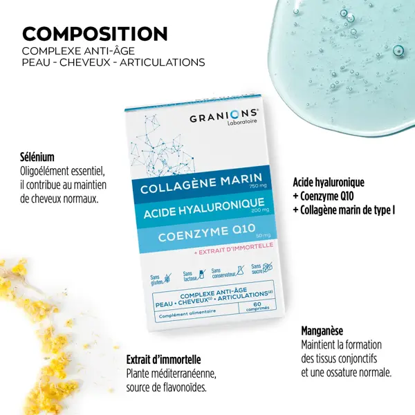 Granions Colágeno Marinho e Ácido Hialurônico + Coenzima Q10 - Pacote com 3 - Rotina Antienvelhecimento e Antirrugas 3 x 60 comprimidos - Tratamento de 3 meses