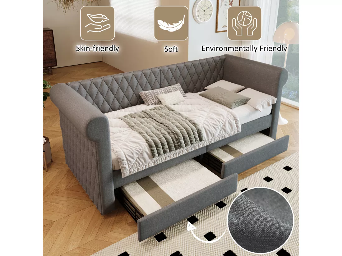Lit banquette avec 2 tiroirs en tissu lin - 90x200cm - avec sommier à lattes - Gris
