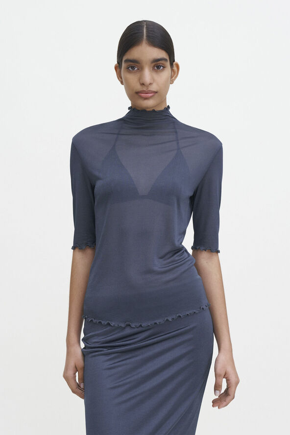 Filippa K Mock Neck Frill Top Dawn blue