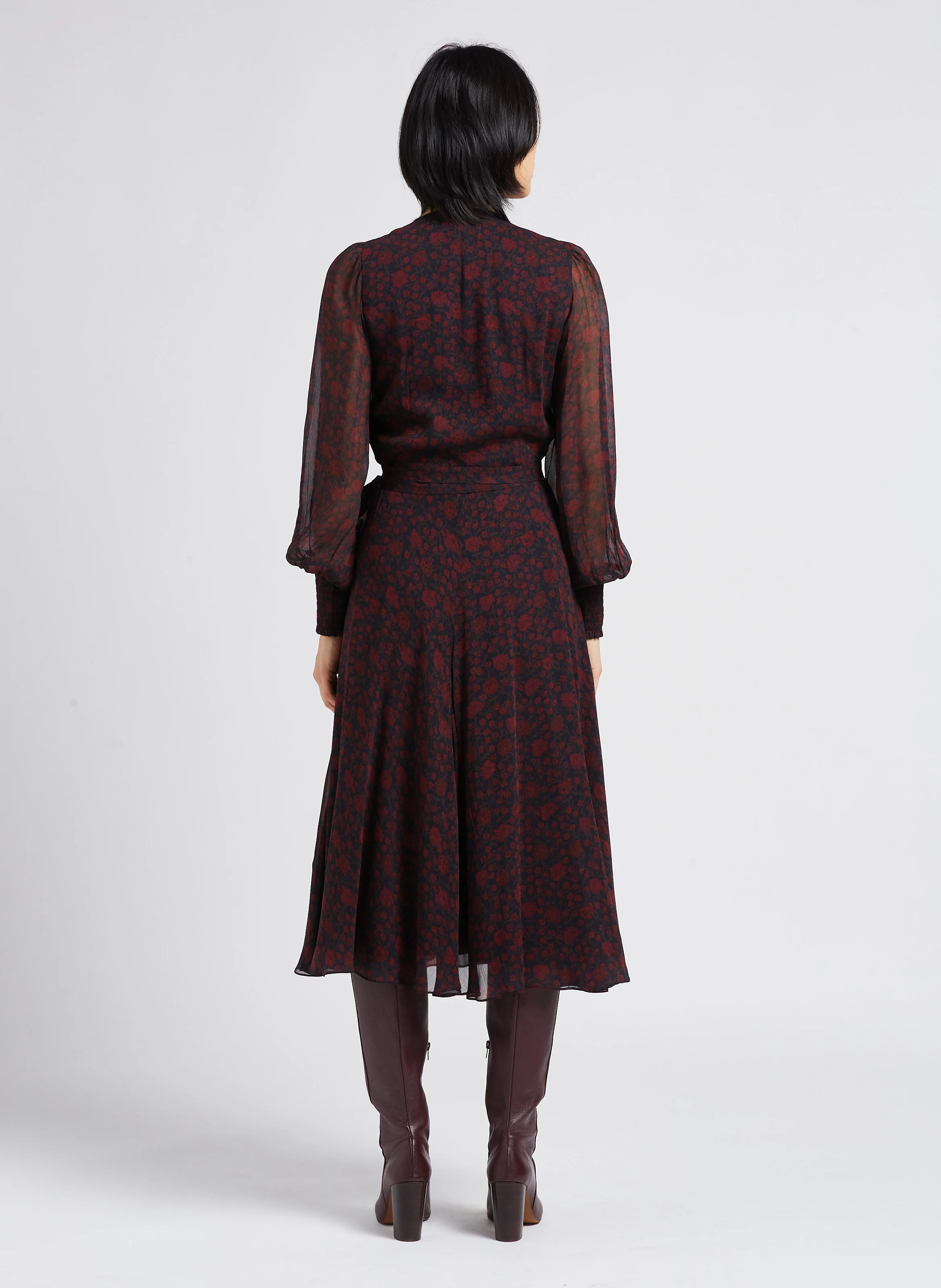 Robe midi portefeuille imprimée fleuri| Noir