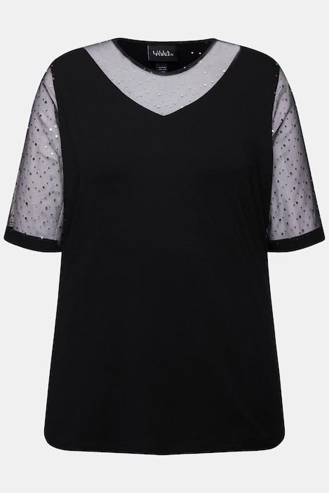 T-Shirt, Classic Fit, Mesh mit Pailletten, Jersey-Unterlage