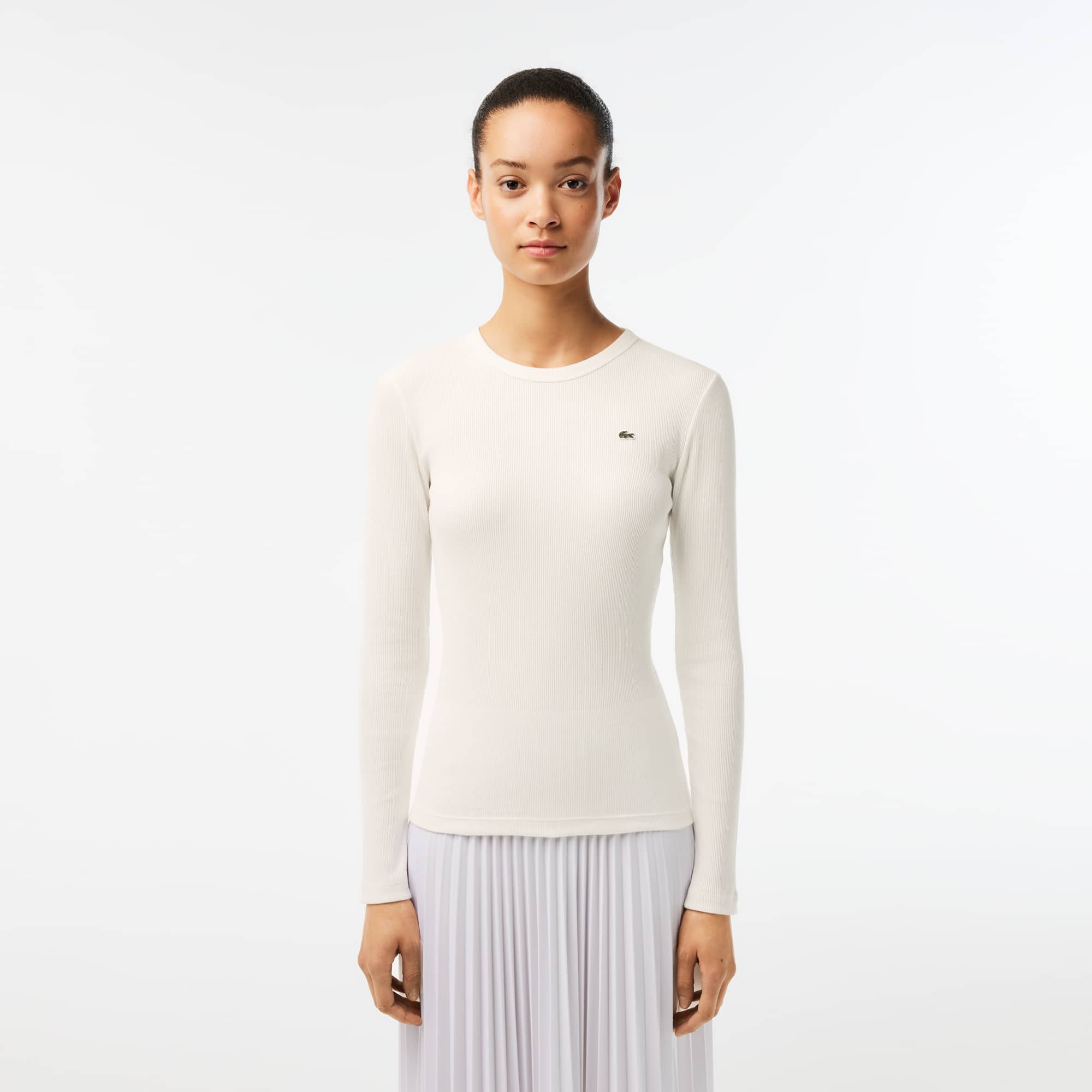 T-shirt côtelé manches longues en coton T-Shirts - Blanc - Lacoste - Femme